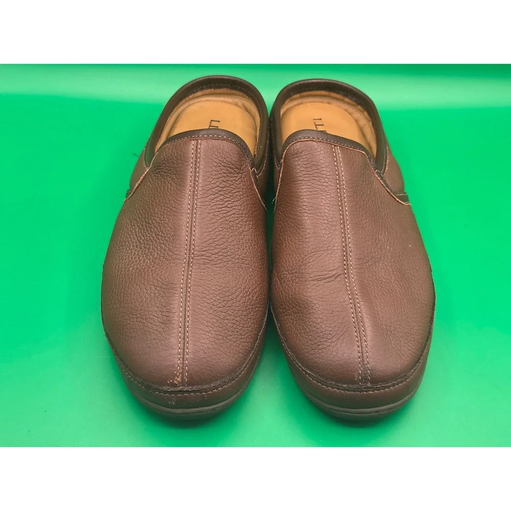 LL Bean Mens Handsewn Leather Slippers Brown Scuff House Shoes 13 M 272349